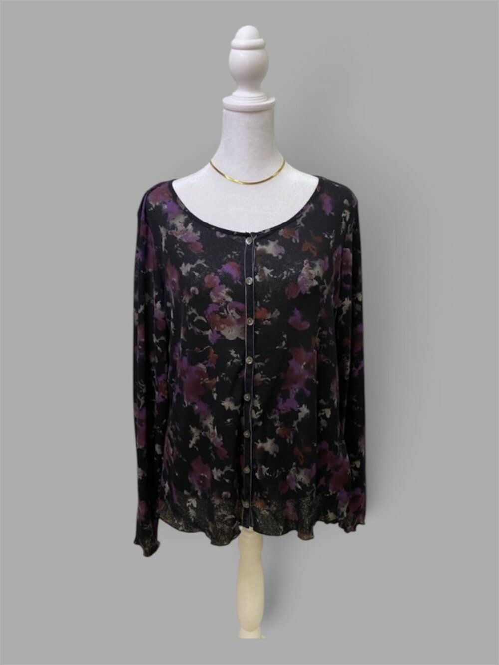 J.Jill Black Floral Semi Sheer Top L Velvet Long Sleeve Whimsygoth Fairy Witchy